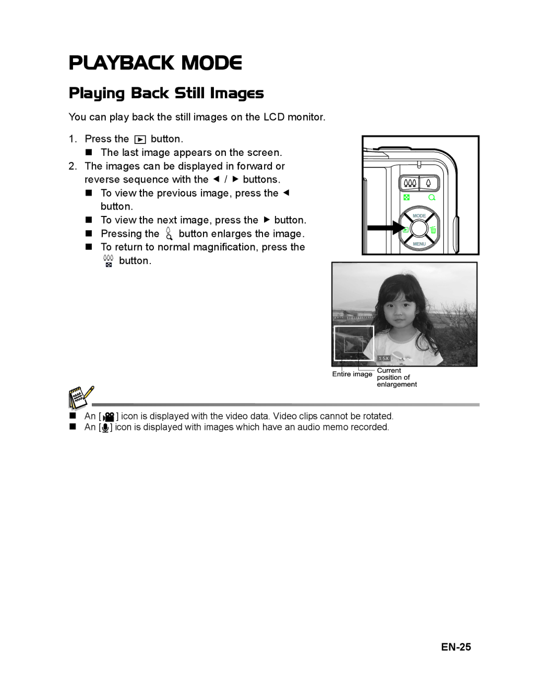 Sanyo VPC-S1085 instruction manual Playback Mode, Playing Back Still Images, EN-25 