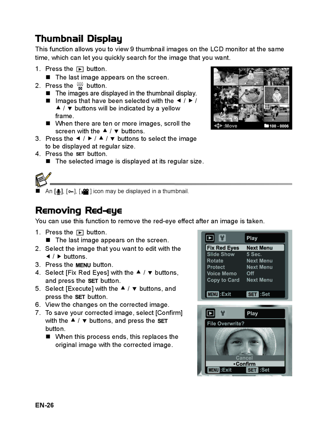 Sanyo VPC-S1085 instruction manual Thumbnail Display, Removing Red-eye, EN-26 