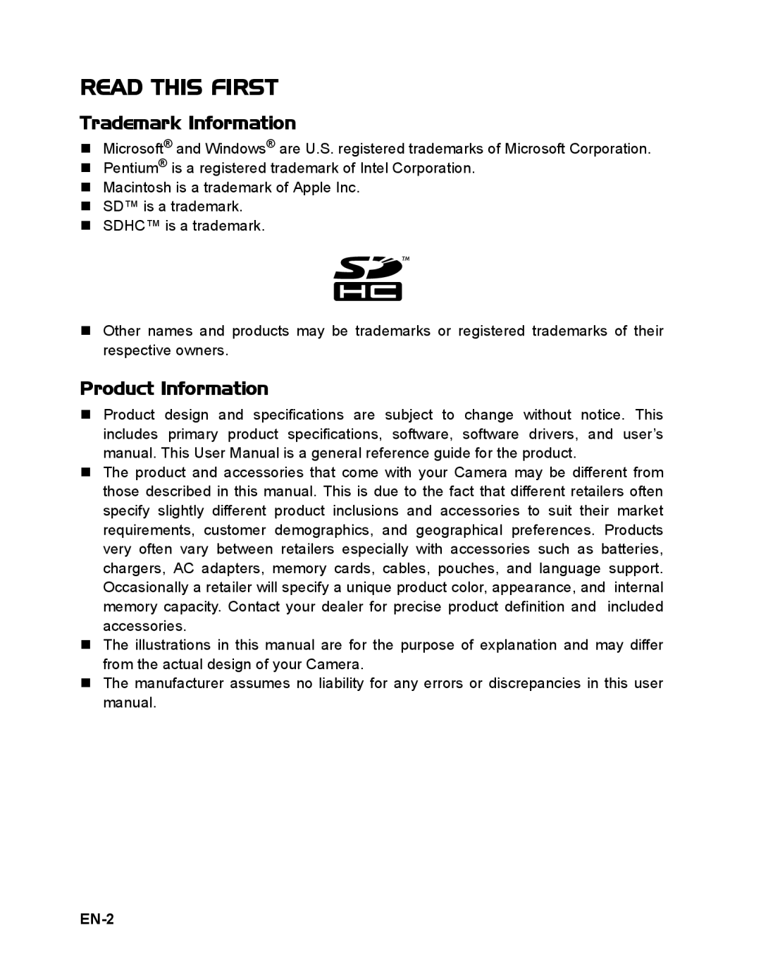 Sanyo VPC-S1085 instruction manual Trademark Information, Product Information, EN-2 