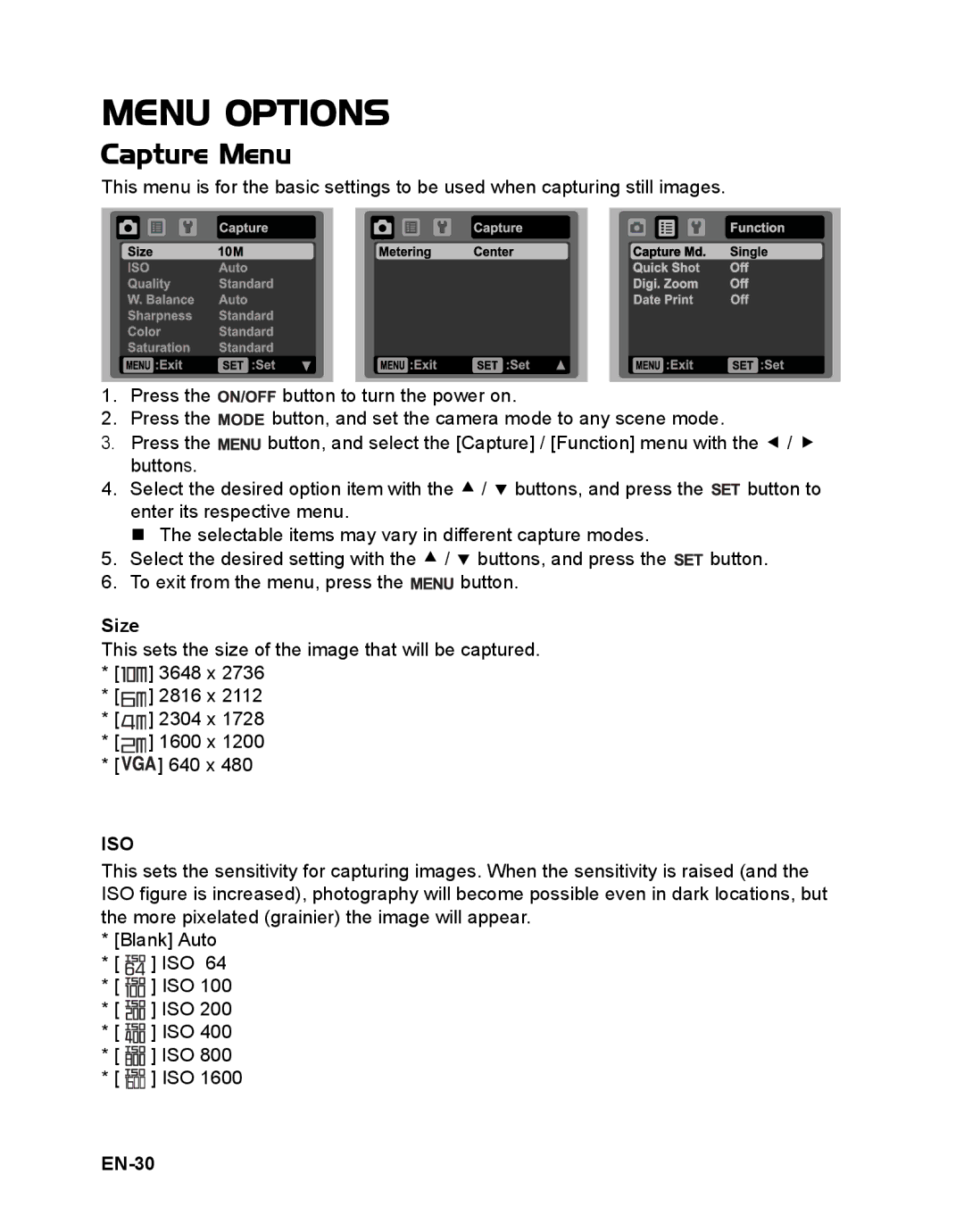 Sanyo VPC-S1085 instruction manual Menu Options, Capture Menu, Size, EN-30 