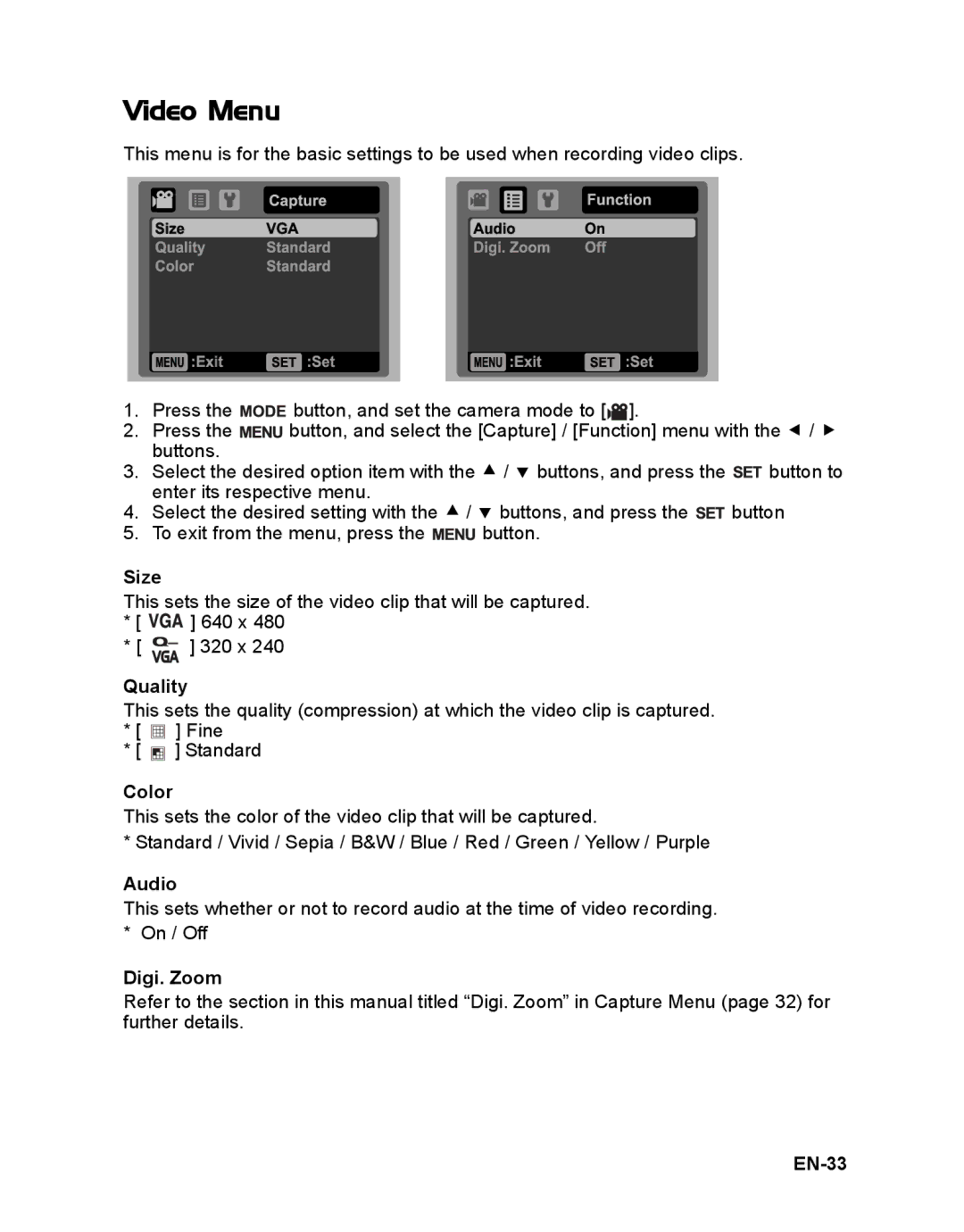 Sanyo VPC-S1085 instruction manual Video Menu, Audio, EN-33 