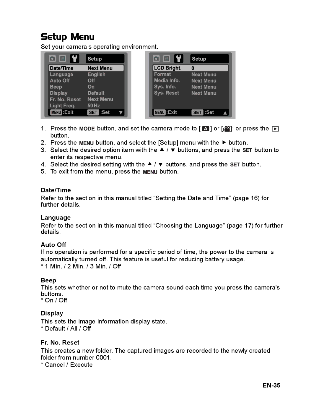 Sanyo VPC-S1085 instruction manual Setup Menu 