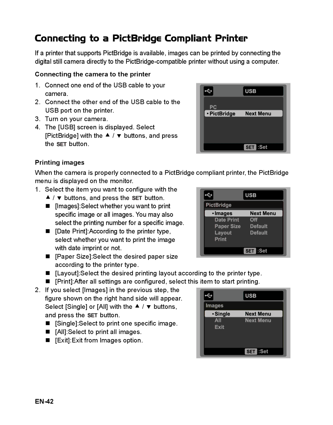 Sanyo VPC-S1085 Connecting to a PictBridge Compliant Printer, Connecting the camera to the printer, Printing images, EN-42 