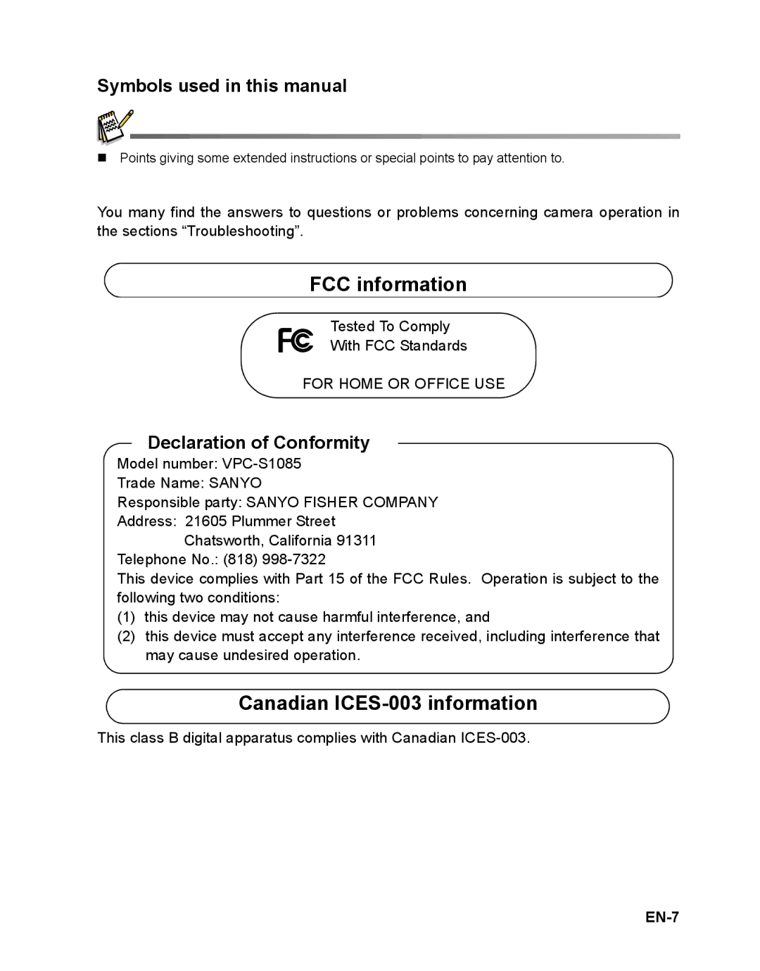 Sanyo VPC-S1085 instruction manual FCC information, Canadian ICES-003 information, EN-7 