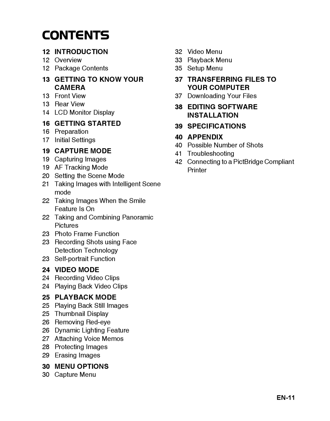 Sanyo VPC-S1415 manual Contents 