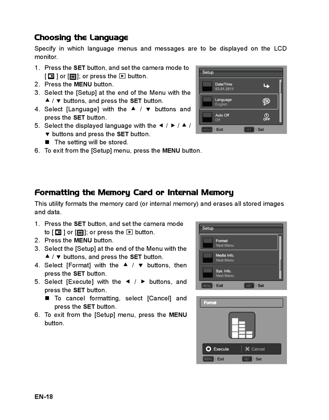 Sanyo VPC-S1415 manual Choosing the Language, Formatting the Memory Card or Internal Memory, EN-18 