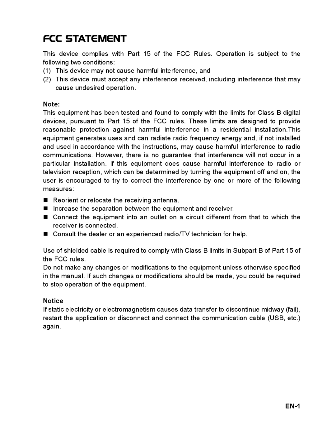 Sanyo VPC-S1415 manual FCC Statement, EN-1 