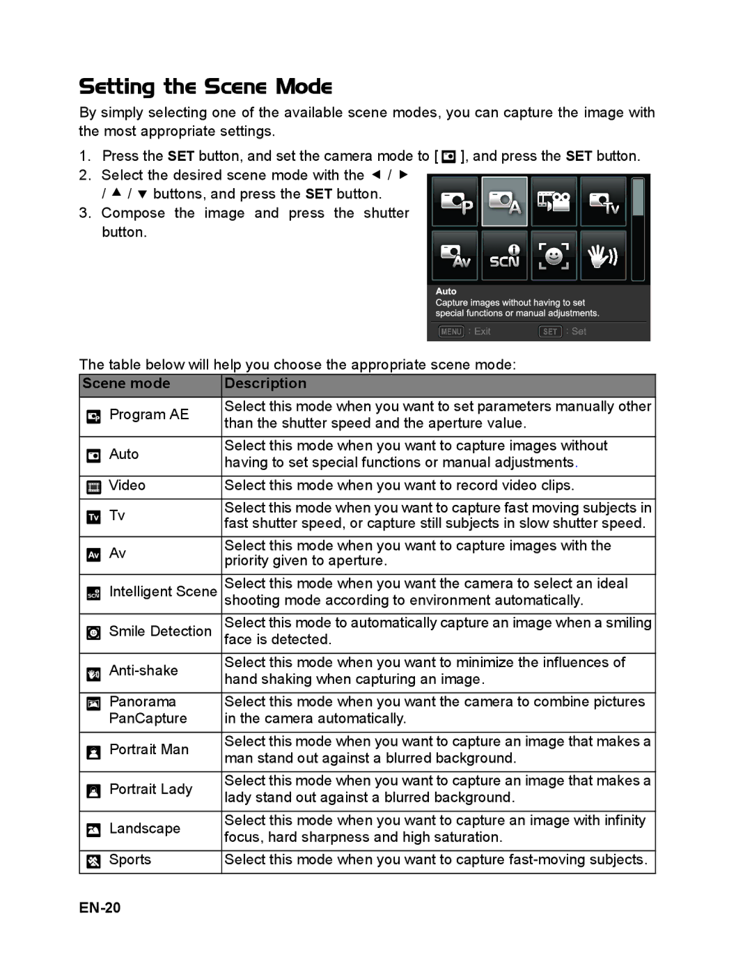 Sanyo VPC-S1415 manual Setting the Scene Mode, Scene mode Description, EN-20 