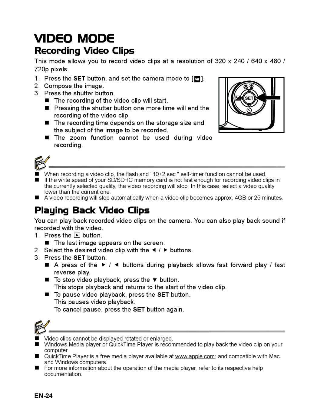 Sanyo VPC-S1415 manual Video Mode, Recording Video Clips, Playing Back Video Clips, EN-24 