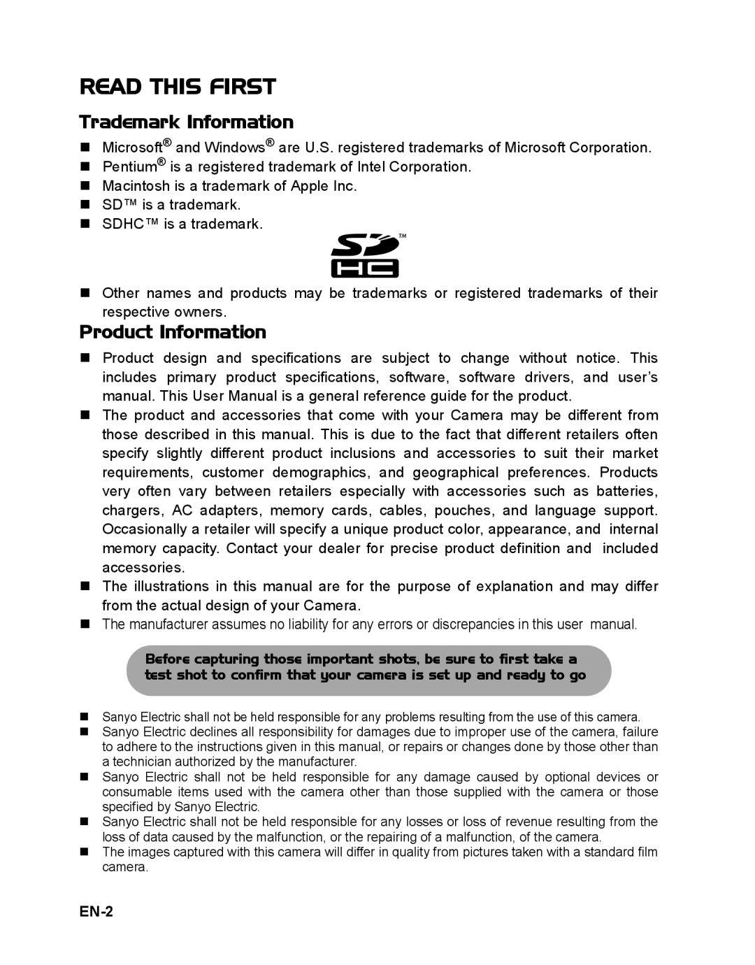 Sanyo VPC-S1415 manual Trademark Information, Product Information, EN-2 