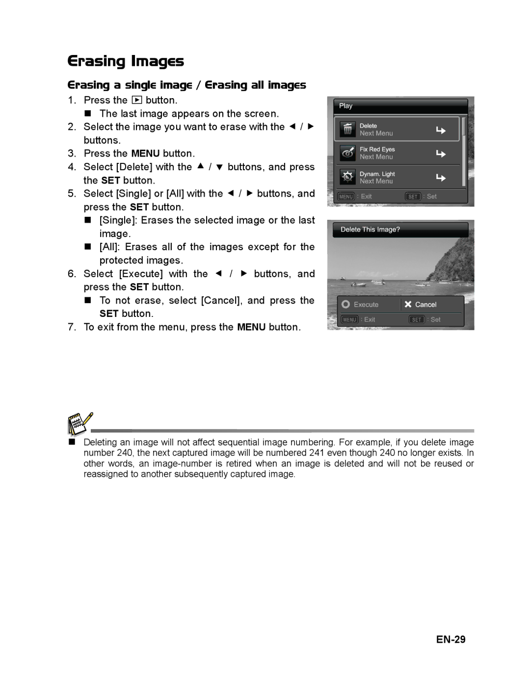 Sanyo VPC-S1415 manual Erasing Images, EN-29 