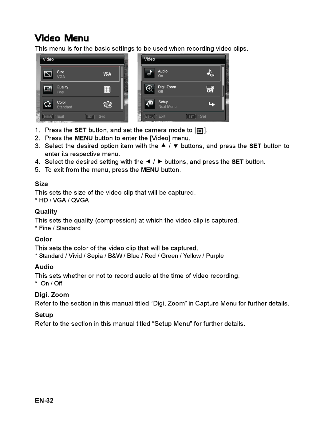 Sanyo VPC-S1415 manual Video Menu, Audio, EN-32 