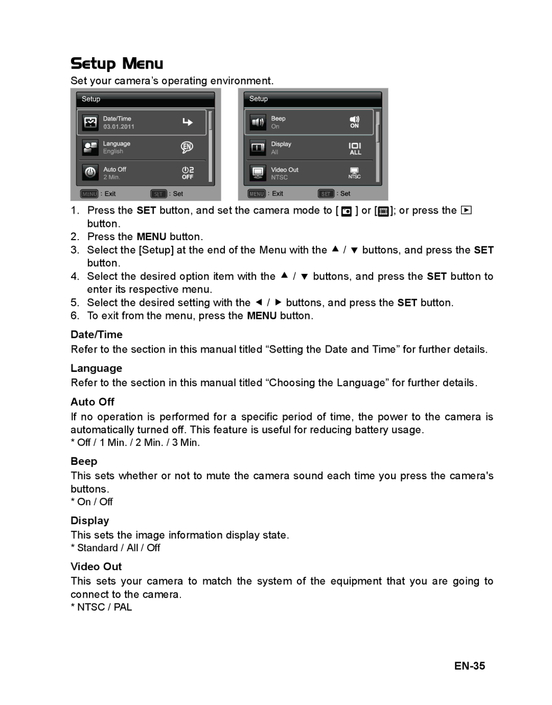 Sanyo VPC-S1415 manual Setup Menu 