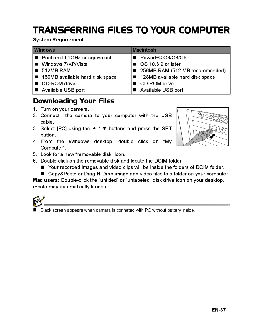 Sanyo VPC-S1415 manual Transferring Files to Your Computer, Downloading Your Files, System Requirement, EN-37 