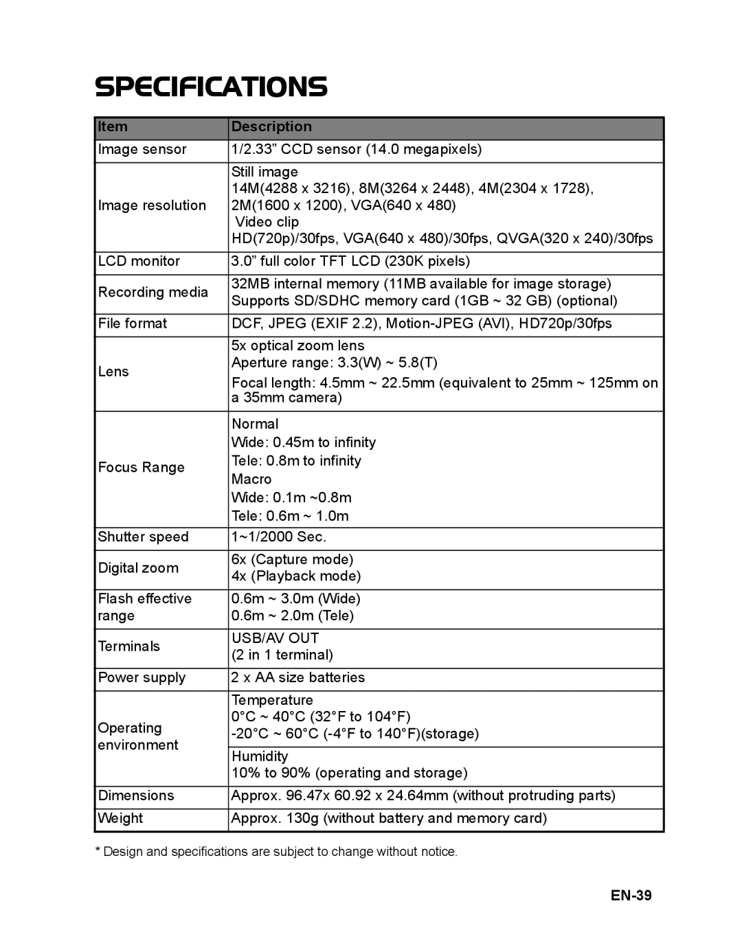 Sanyo VPC-S1415 manual Specifications, EN-39 