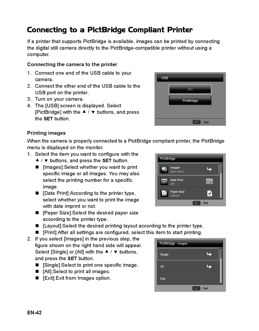 Sanyo VPC-S1415 Connecting to a PictBridge Compliant Printer, Connecting the camera to the printer, Printing images, EN-42 