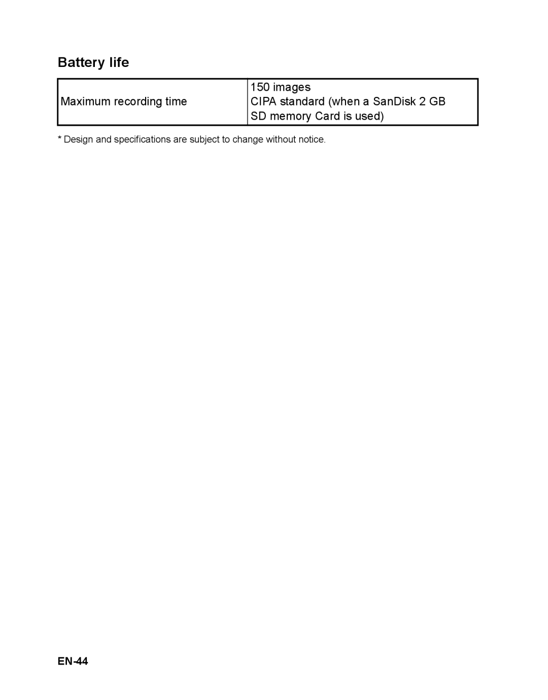 Sanyo VPC-S1415 manual Battery life, EN-44 