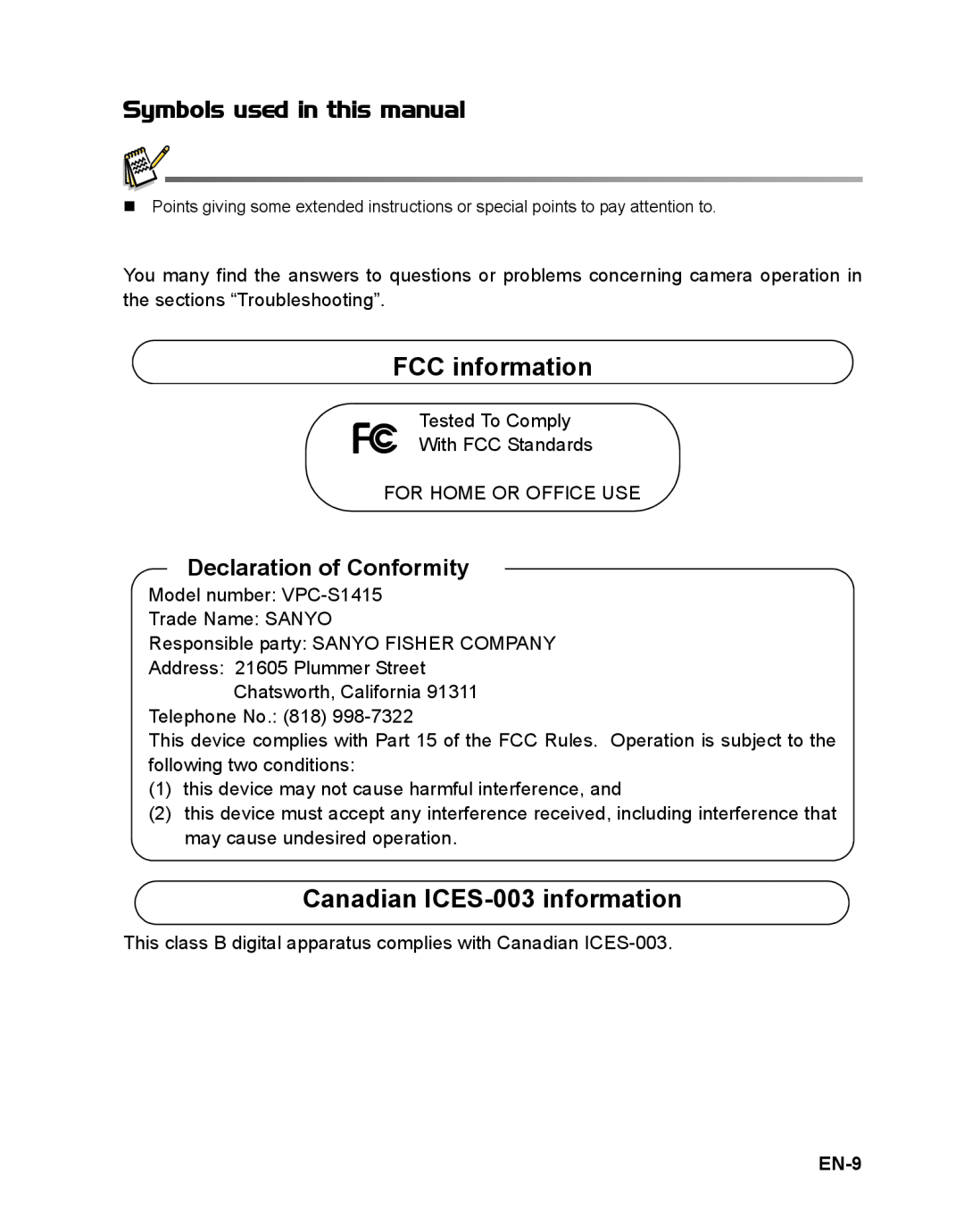 Sanyo VPC-S1415 Symbols used in this manual, FCC information, Canadian ICES-003 information, EN-9 
