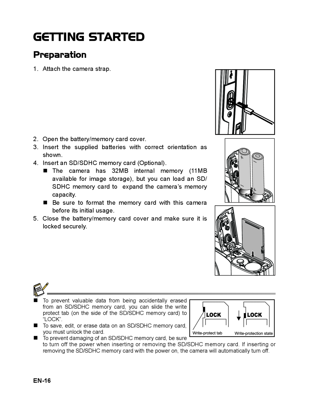 Sanyo VPC-S1415 manual Getting Started, Preparation, EN-16 