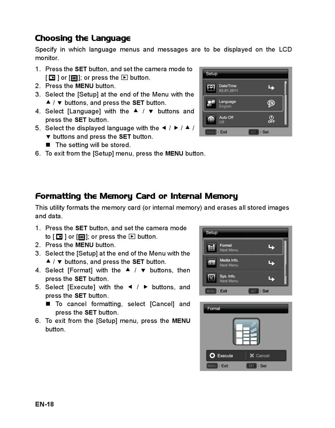 Sanyo VPC-S1415 manual Choosing the Language, Formatting the Memory Card or Internal Memory, EN-18 