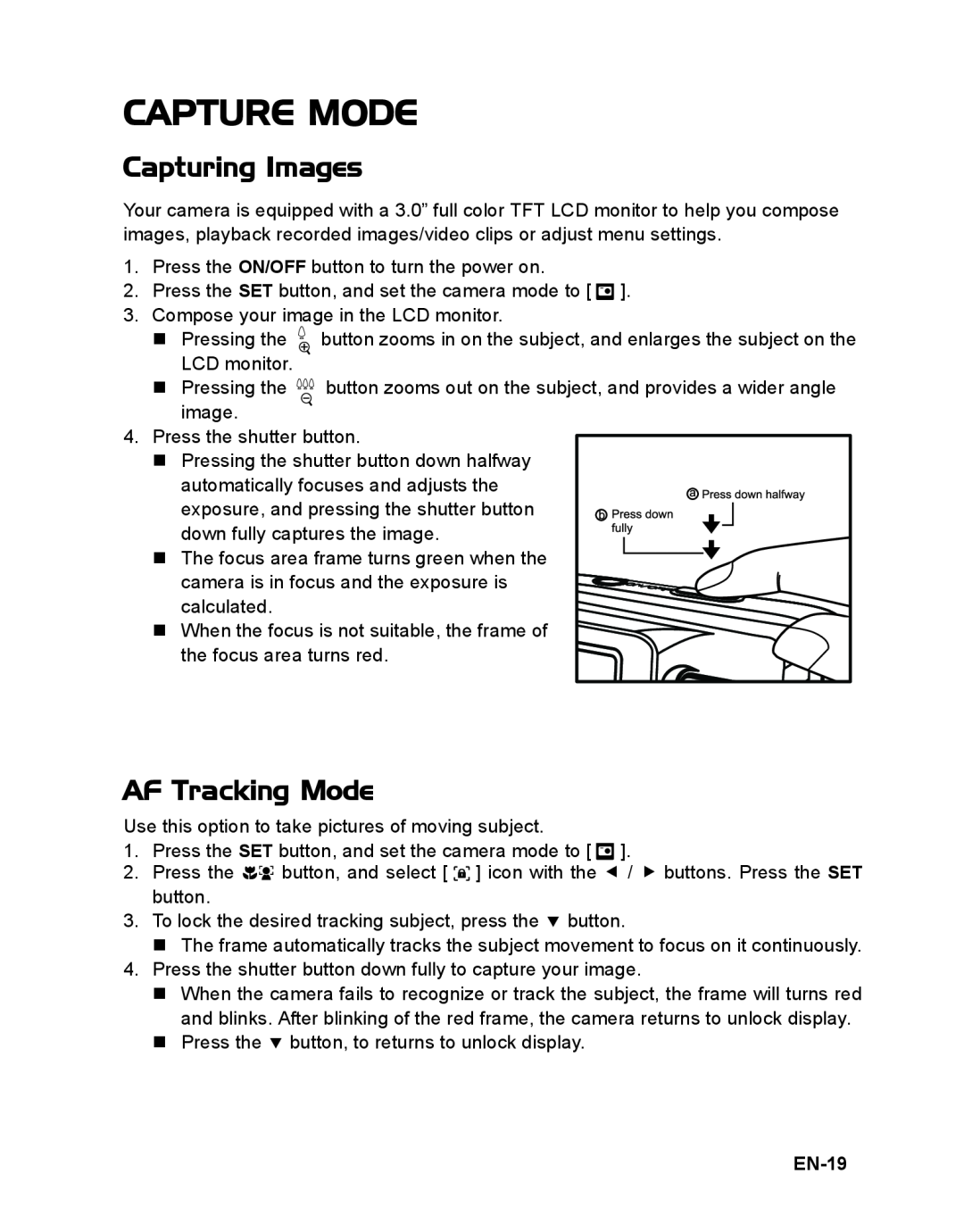 Sanyo VPC-S1415 manual Capture Mode, Capturing Images, AF Tracking Mode, EN-19 