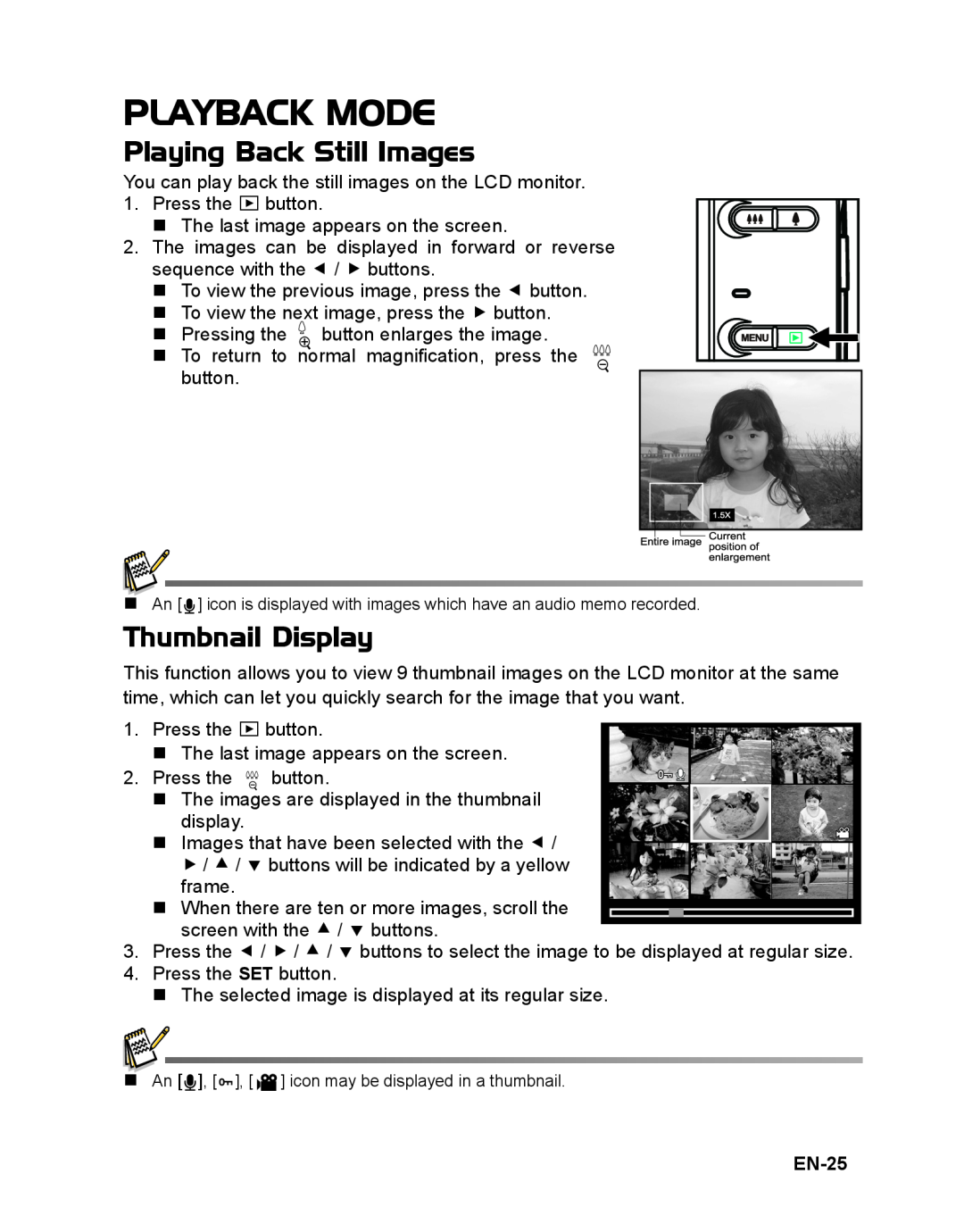 Sanyo VPC-S1415 manual Playback Mode, Playing Back Still Images, Thumbnail Display, EN-25 