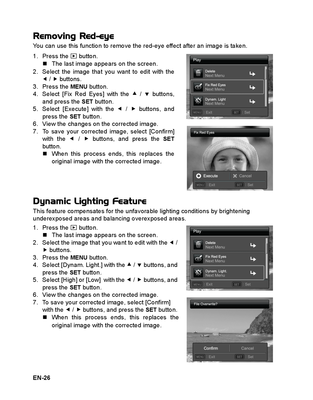 Sanyo VPC-S1415 manual Removing Red-eye, Dynamic Lighting Feature, EN-26 