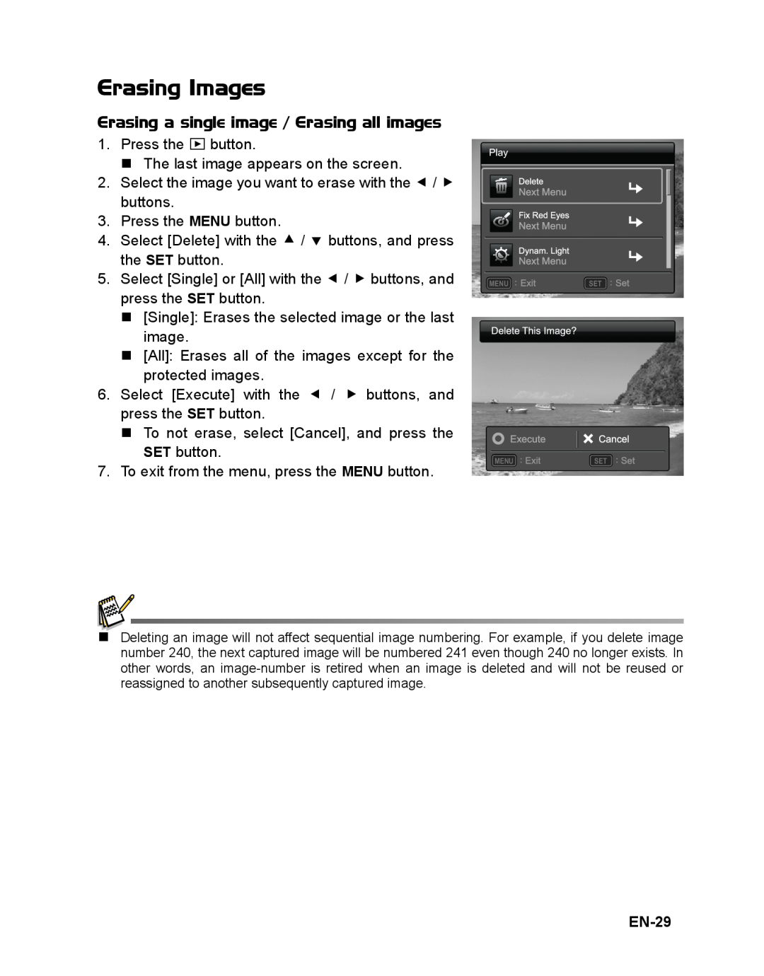 Sanyo VPC-S1415 manual Erasing Images, EN-29, Erasing a single image / Erasing all images 