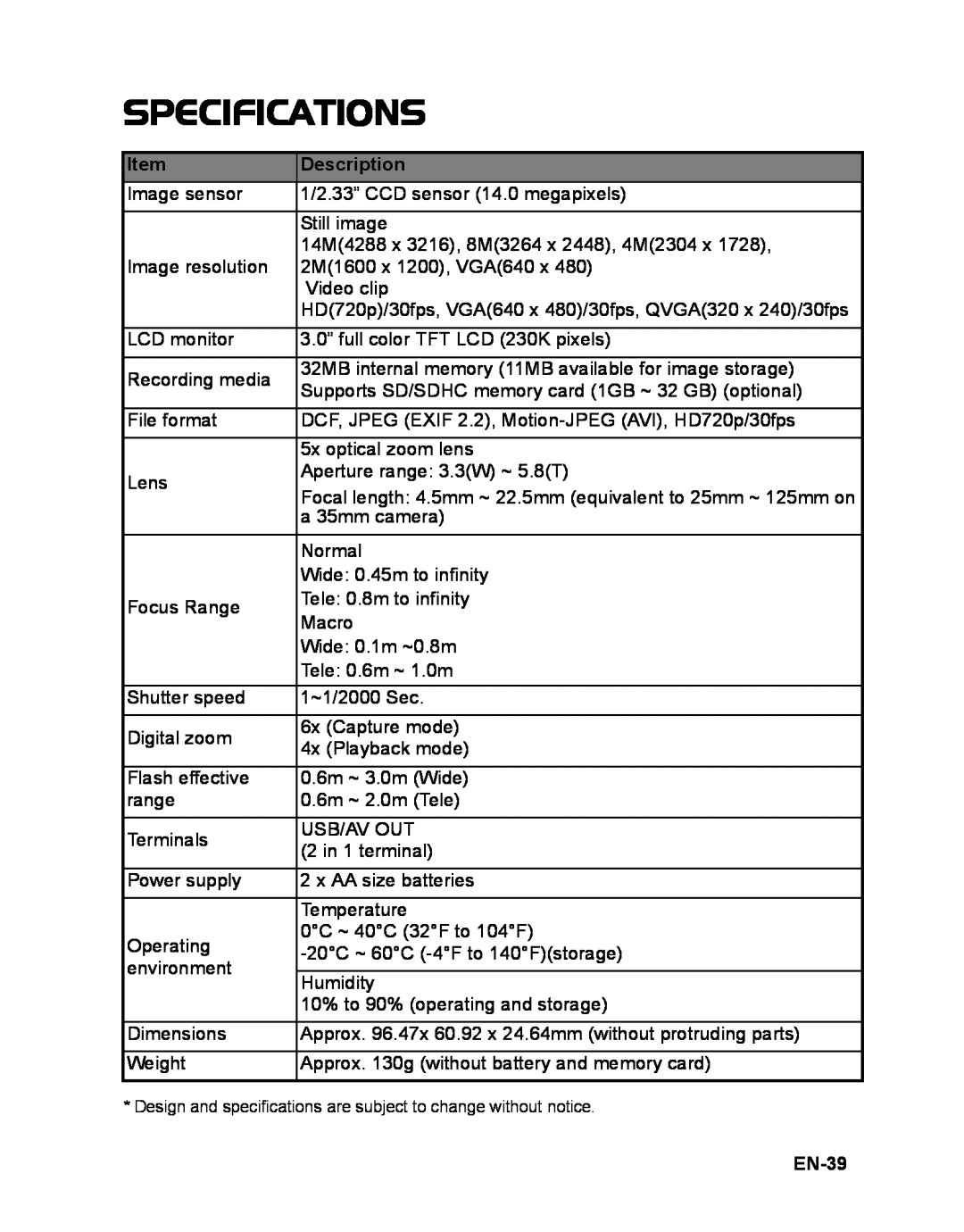 Sanyo VPC-S1415 manual Specifications, EN-39, Description 