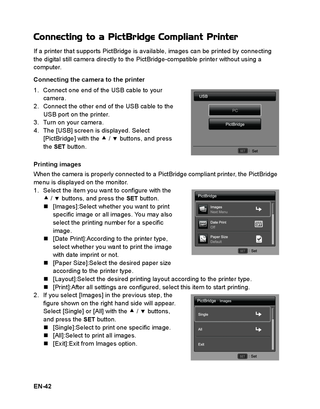 Sanyo VPC-S1415 Connecting to a PictBridge Compliant Printer, Connecting the camera to the printer, Printing images, EN-42 