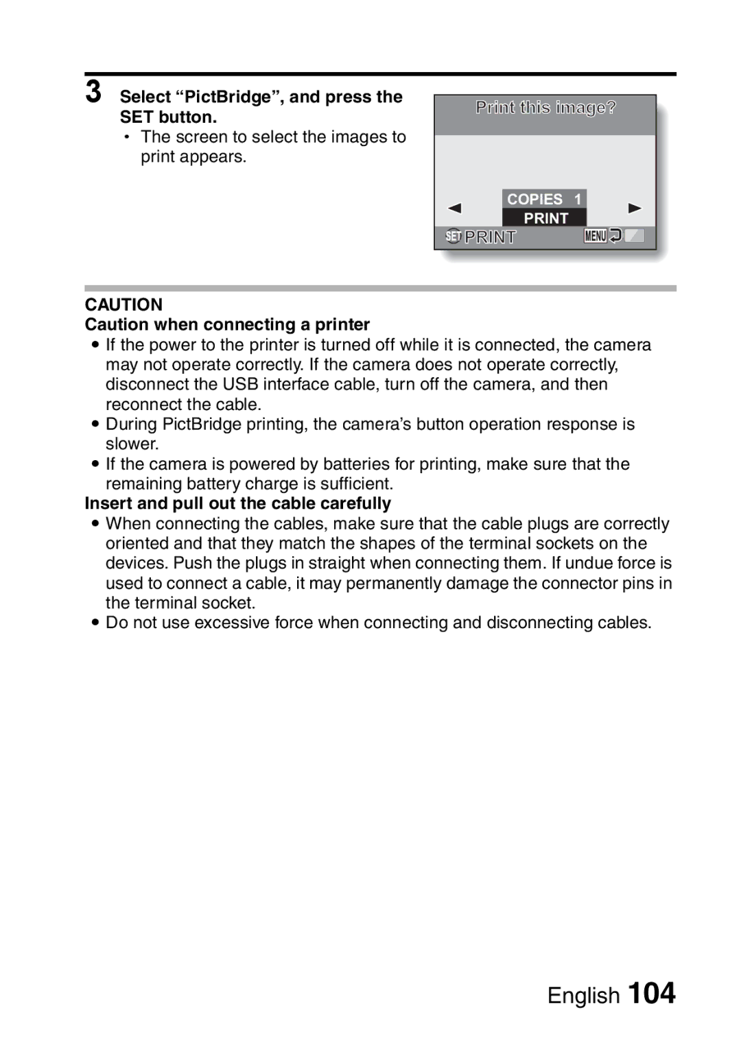 Sanyo VPC-S60 instruction manual Select PictBridge, and press the SET button, Print 