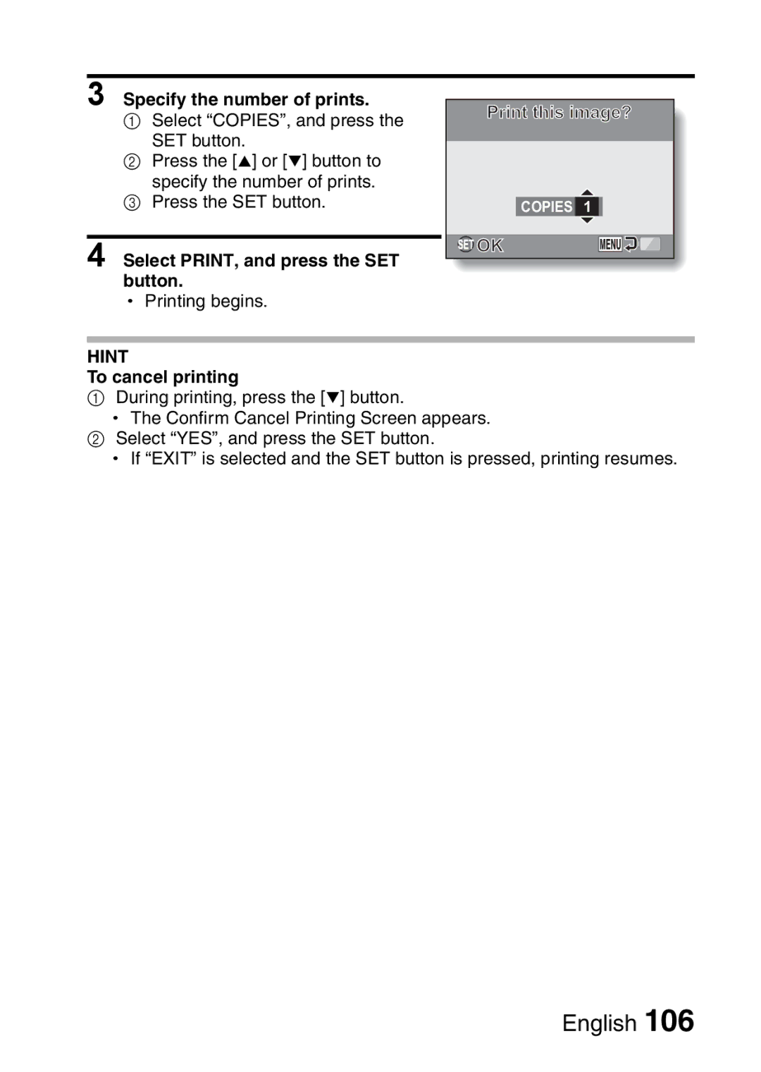 Sanyo VPC-S60 instruction manual Specify the number of prints, Select PRINT, and press the SET button, To cancel printing 