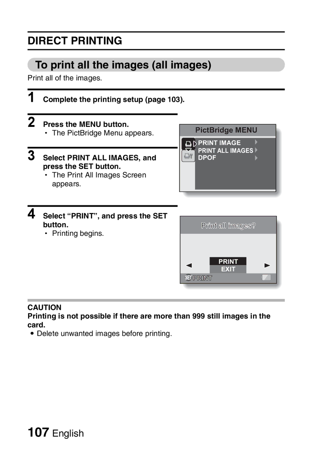 Sanyo VPC-S60 instruction manual To print all the images all images, Complete the printing setup Press the Menu button 