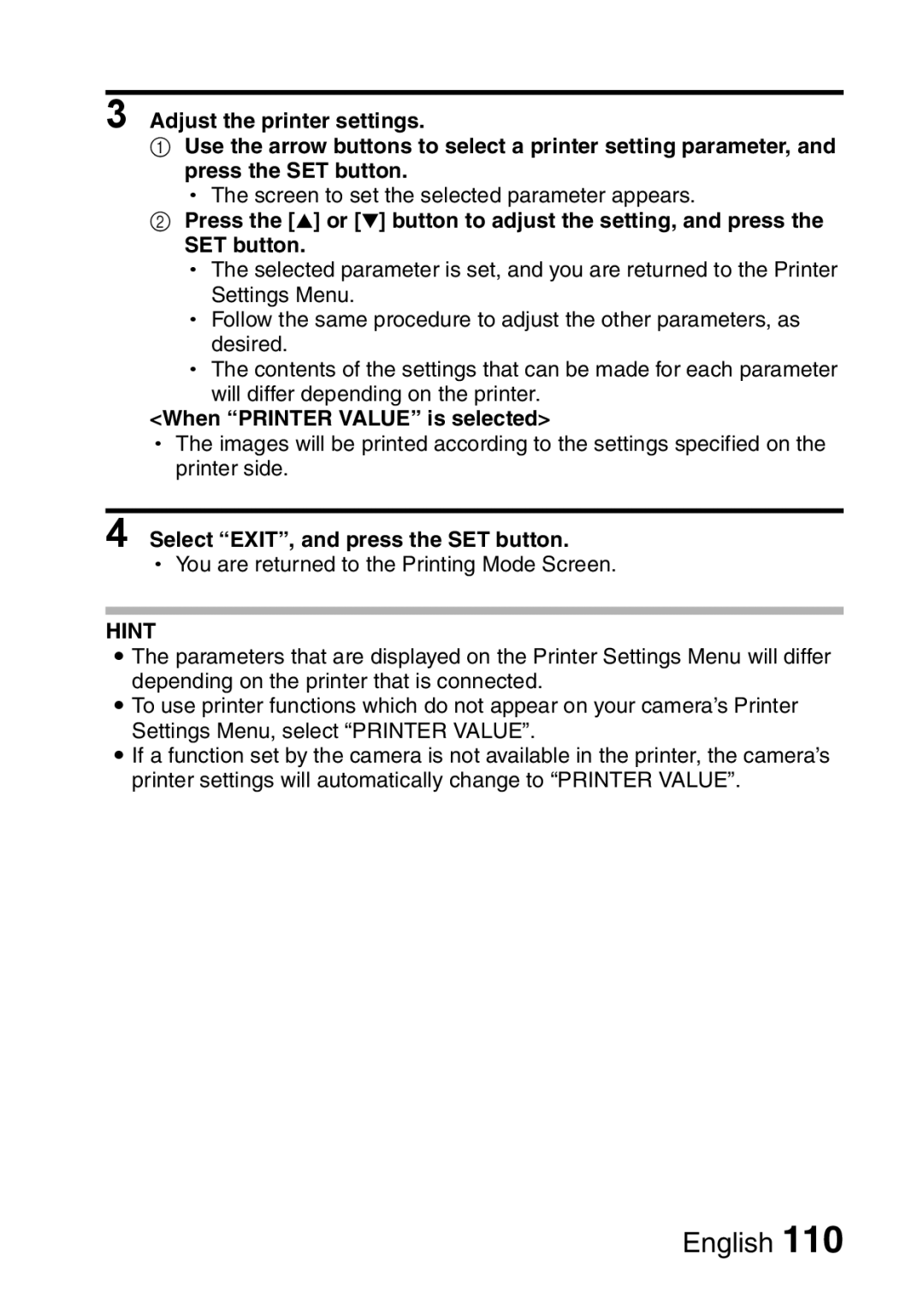 Sanyo VPC-S60 instruction manual When Printer Value is selected, Select EXIT, and press the SET button 