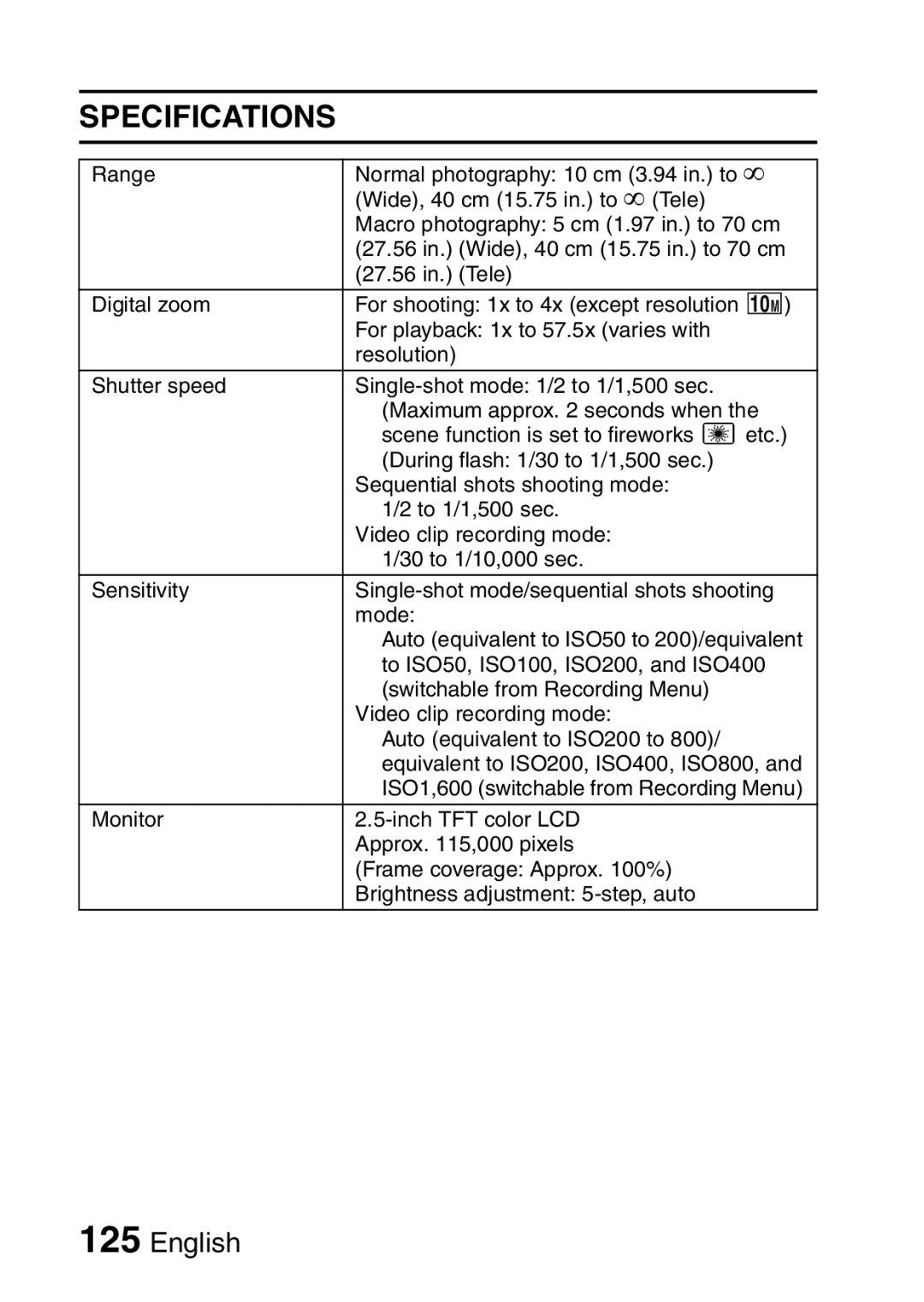 Sanyo VPC-S60 instruction manual Specifications 