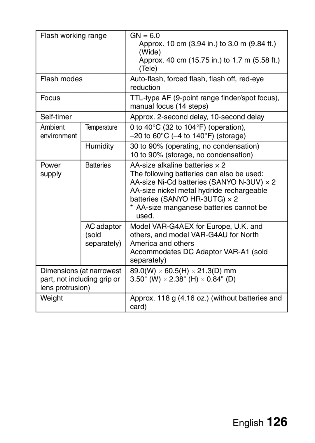 Sanyo VPC-S60 instruction manual 20 to 60C -4 to 140F storage 