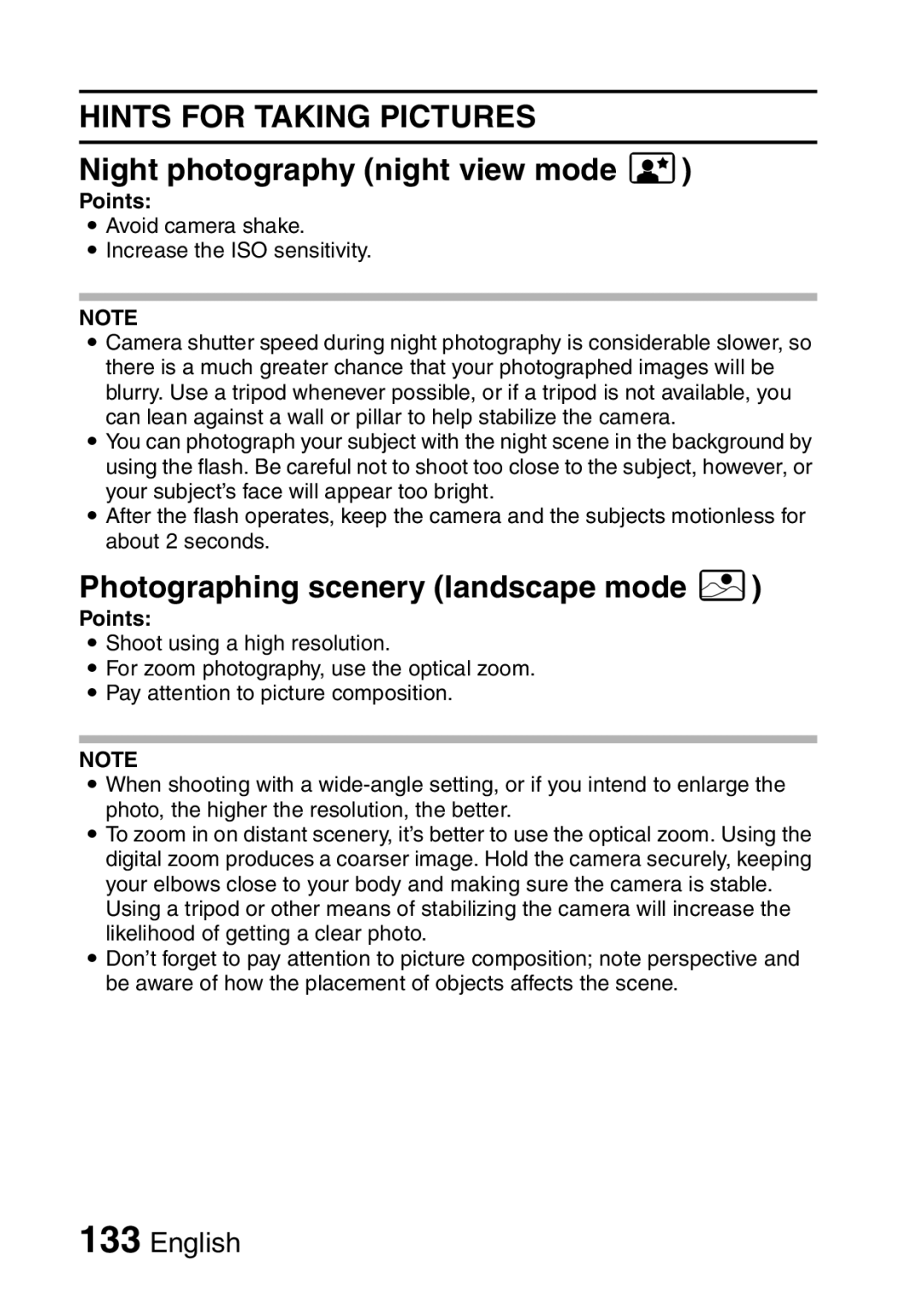 Sanyo VPC-S60 instruction manual Night photography night view mode, Photographing scenery landscape mode 