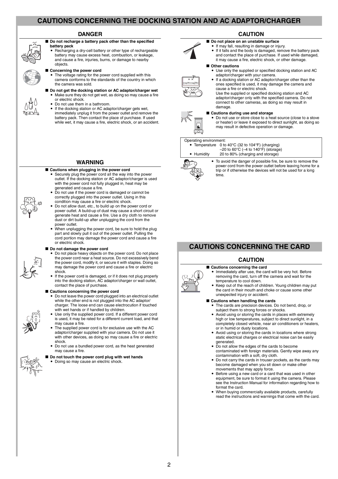 Sanyo VPC-S60 Concerning the power cord, Do not get the docking station or AC adaptor/charger wet, Other cautions 