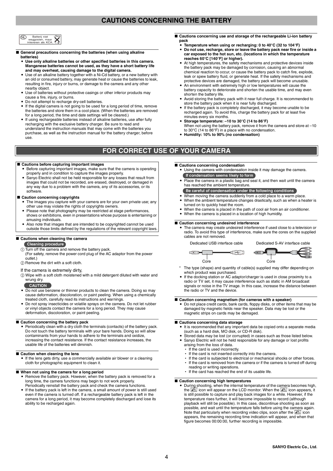 Sanyo VPC-S60 instruction manual Storage temperature -10 to 30C 14 to 86F, Humidity 10% to 90% no condensation 