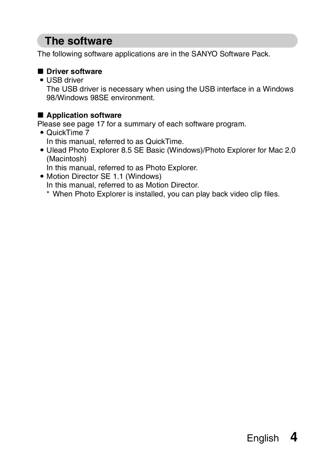 Sanyo VPC-S60 instruction manual Software, Driver software, Application software 