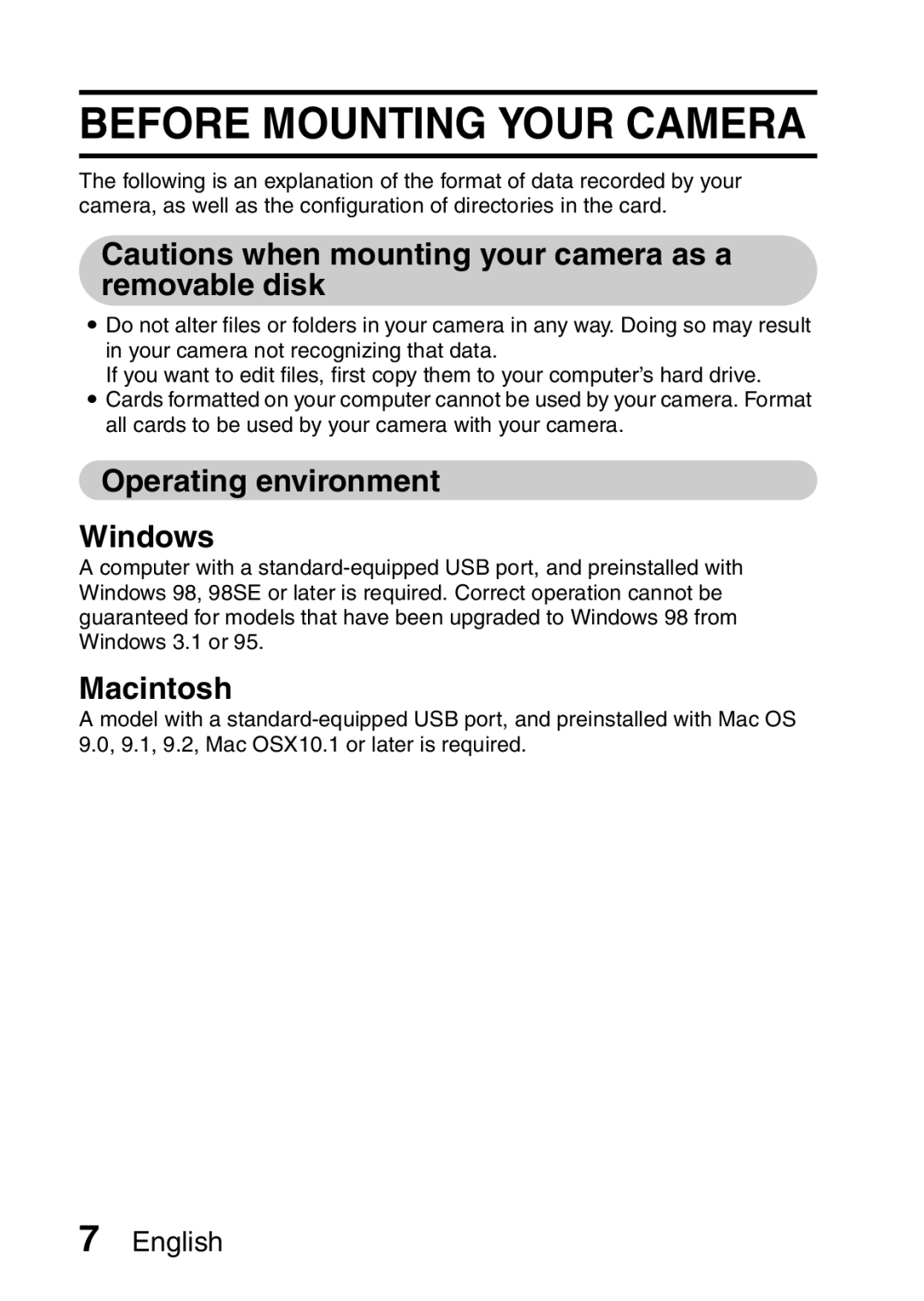 Sanyo VPC-S60 instruction manual Before Mounting Your Camera, Operating environment Windows 