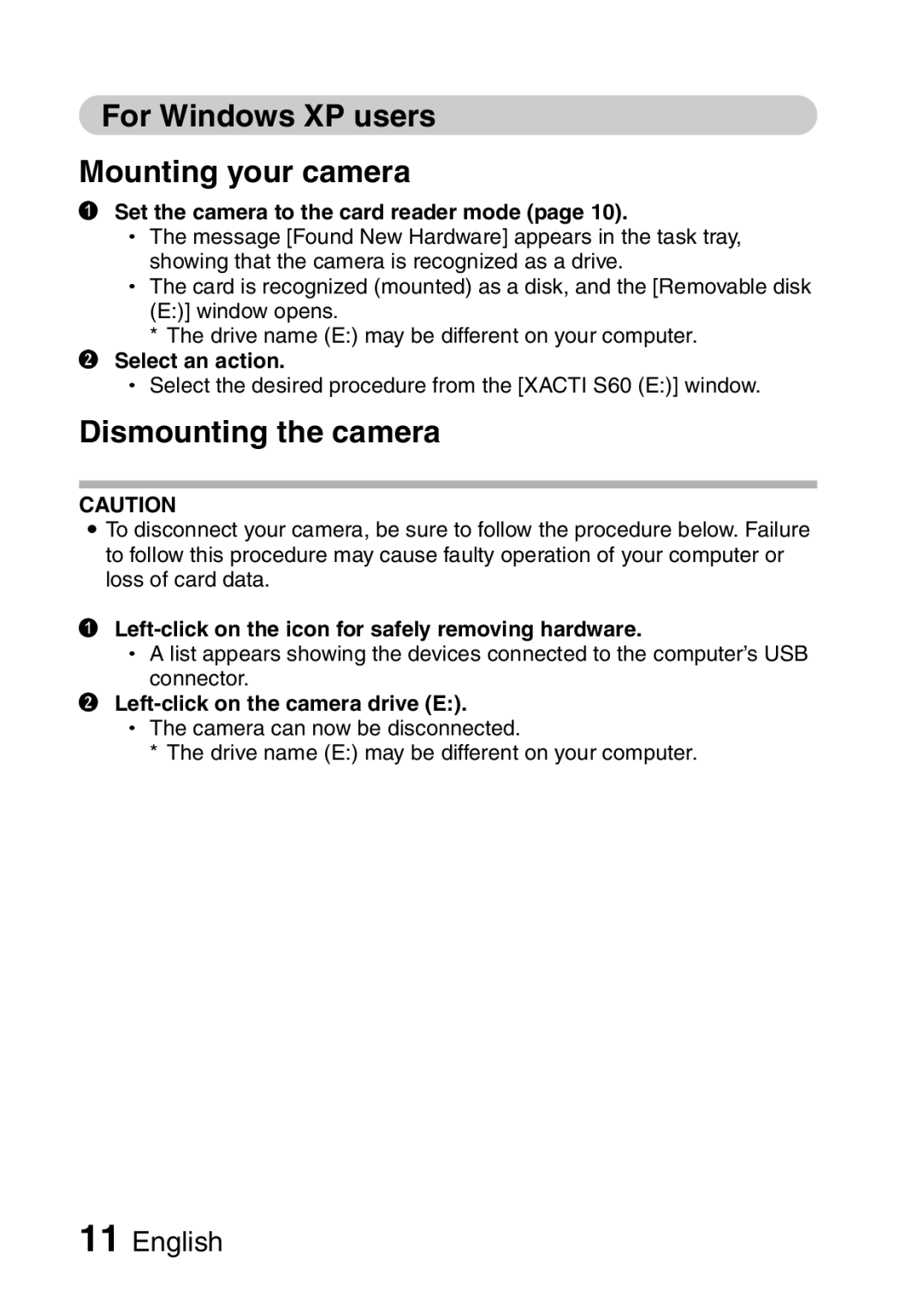 Sanyo VPC-S60 instruction manual For Windows XP users Mounting your camera, Dismounting the camera 