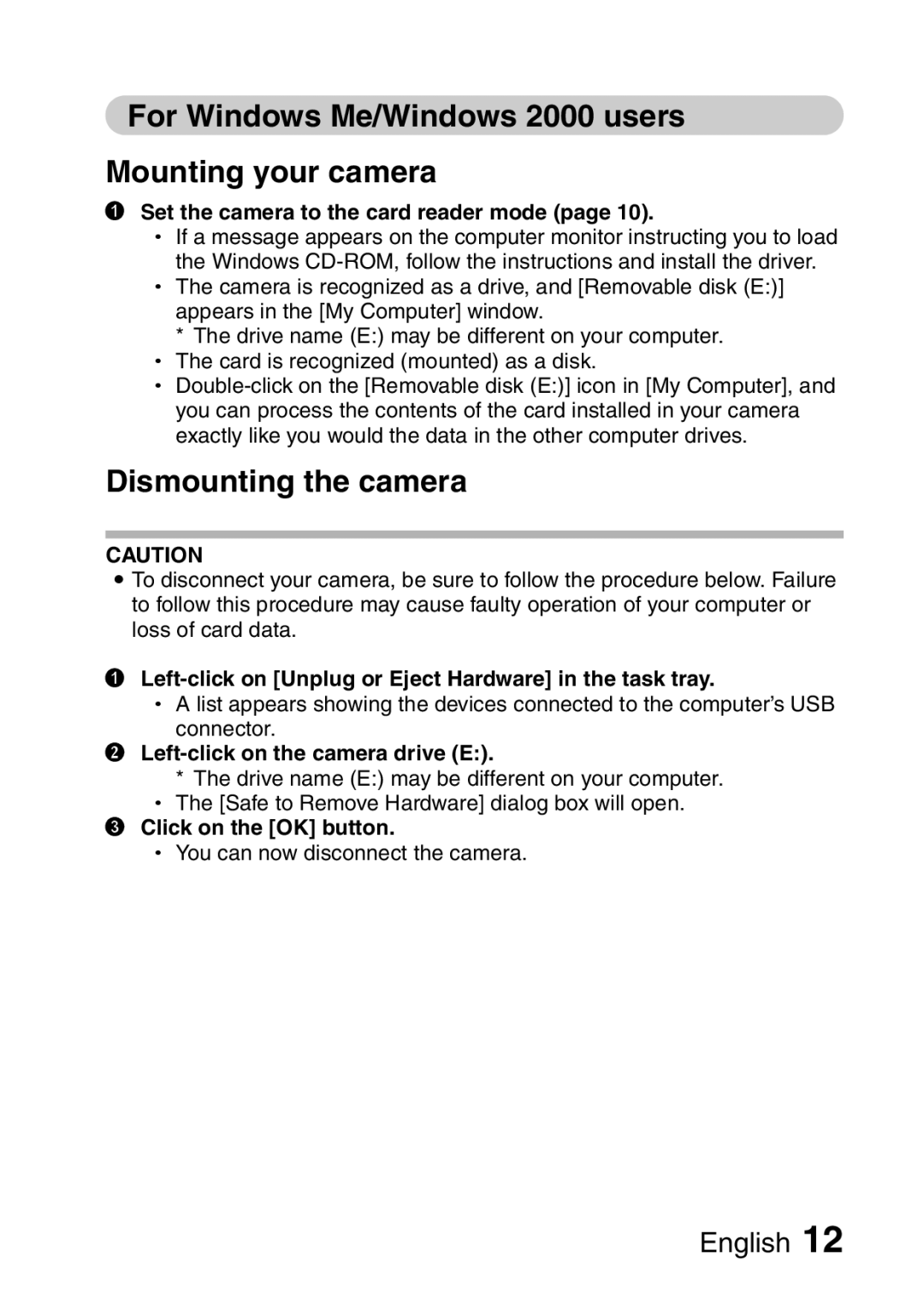 Sanyo VPC-S60 instruction manual For Windows Me/Windows 2000 users Mounting your camera, Click on the OK button 