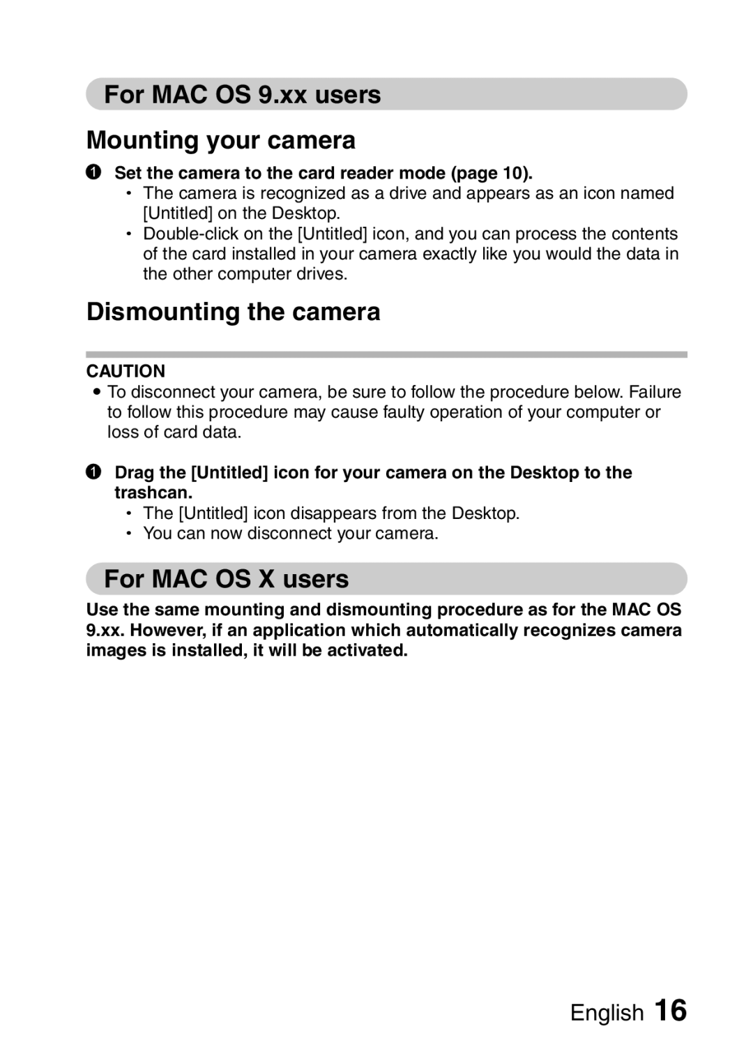 Sanyo VPC-S60 instruction manual For MAC OS 9.xx users Mounting your camera, For MAC OS X users 