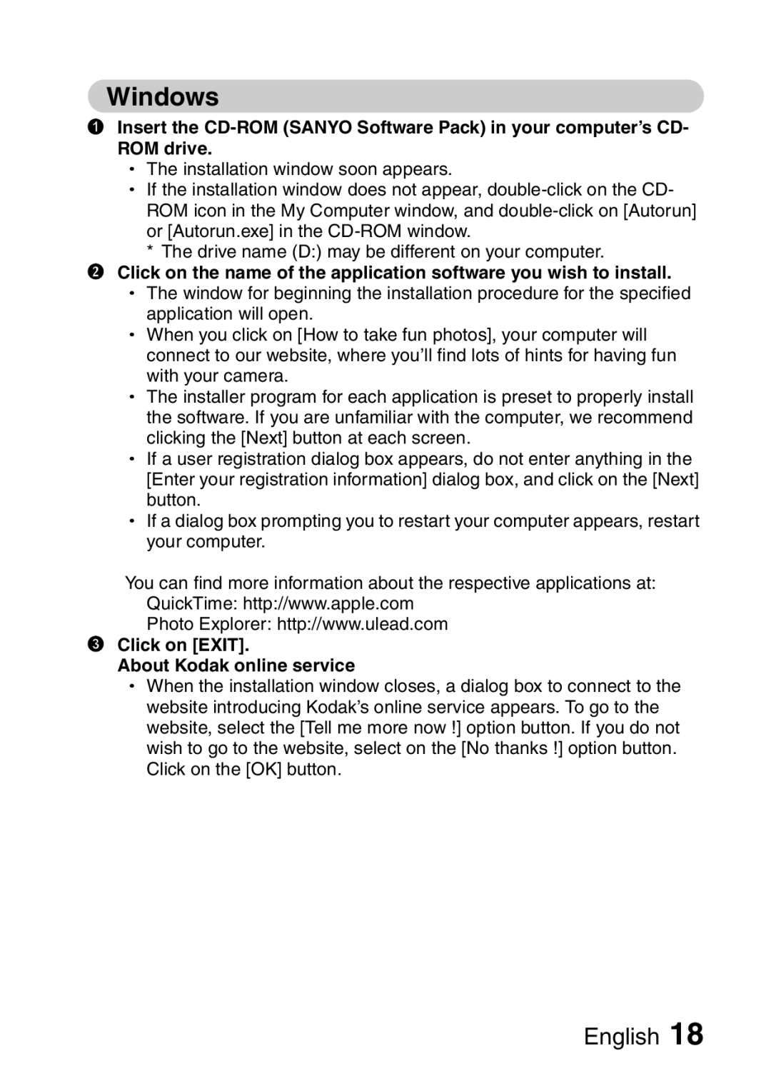 Sanyo VPC-S60 instruction manual Windows, Click on Exit About Kodak online service 