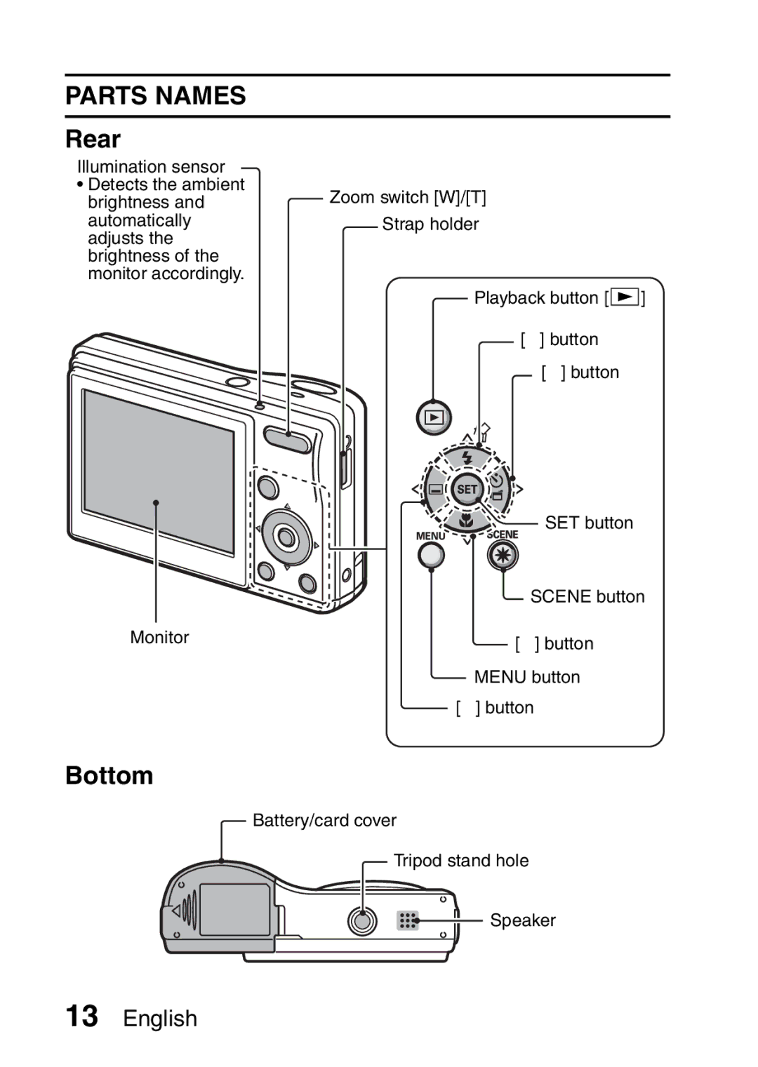 Sanyo VPC-S60 instruction manual Parts Names, Rear, Bottom 