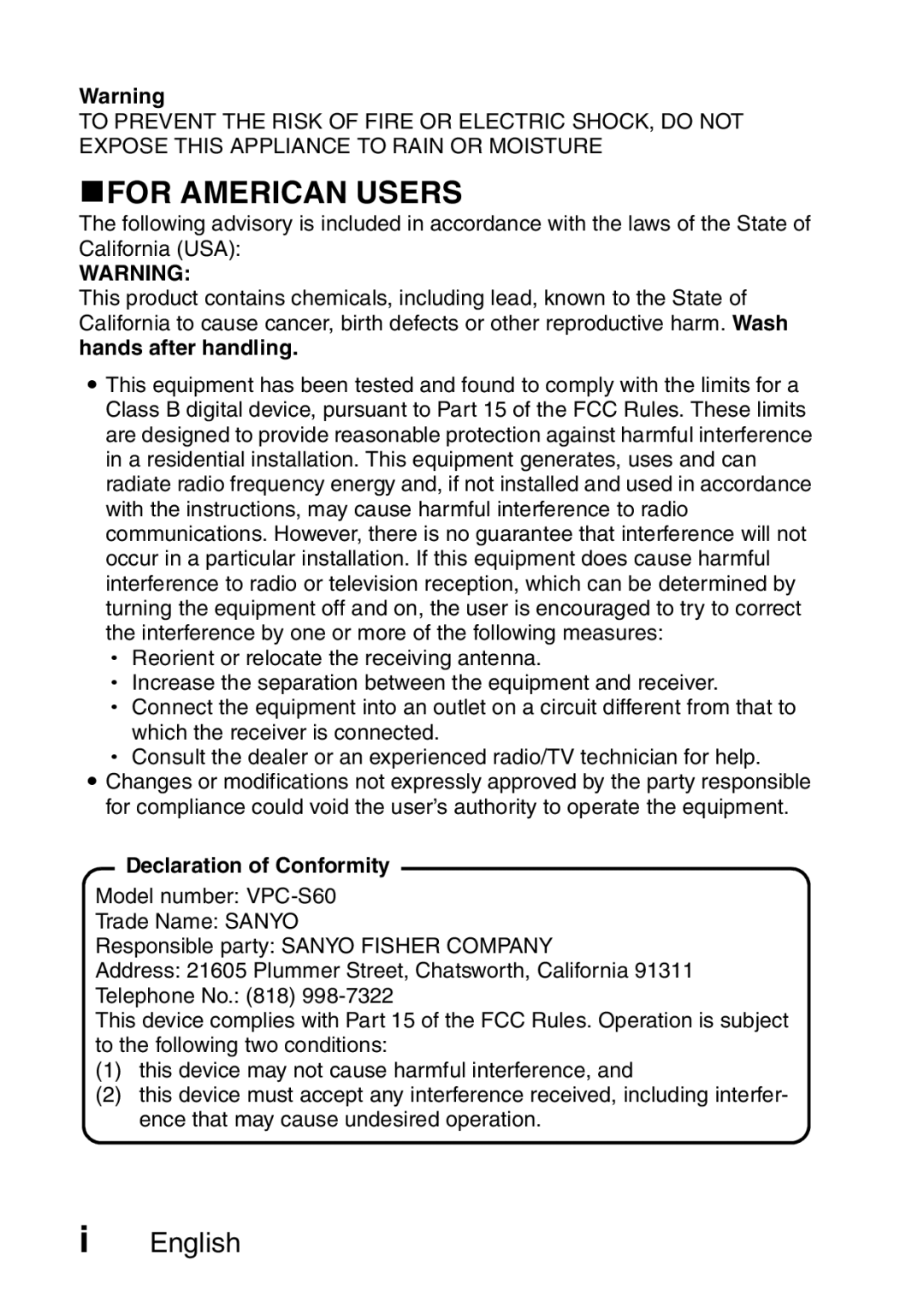 Sanyo VPC-S60 instruction manual KFOR American Users, Declaration of Conformity 