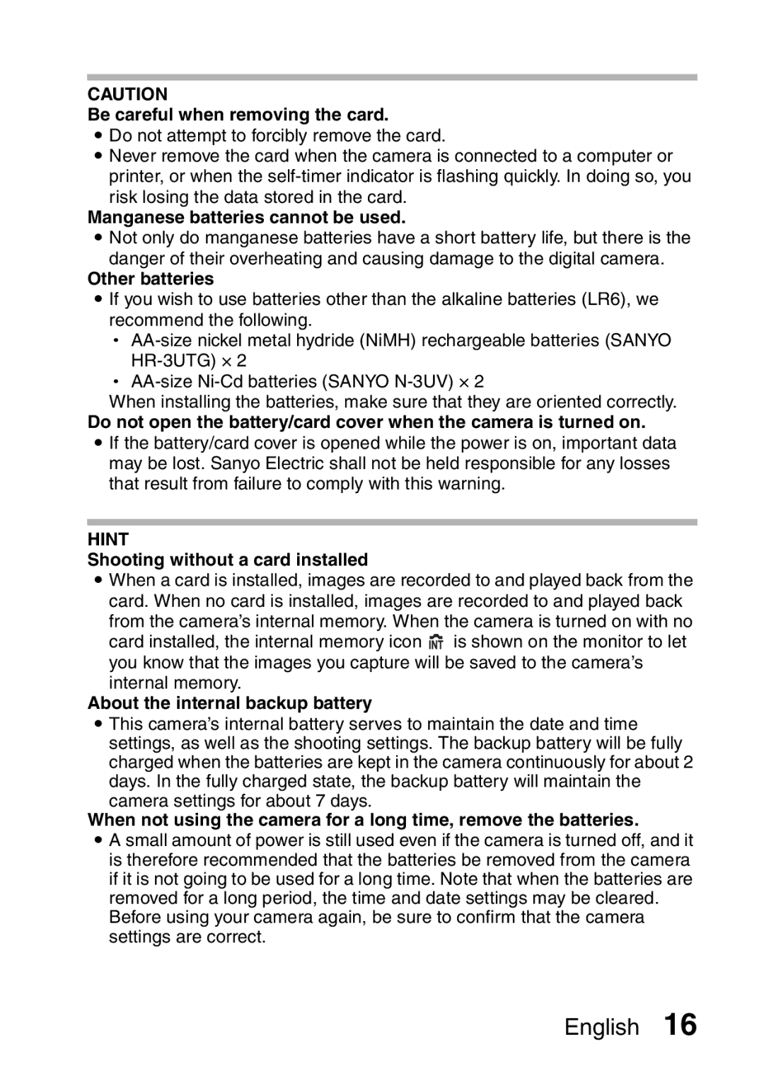 Sanyo VPC-S60 instruction manual Be careful when removing the card, Manganese batteries cannot be used, Other batteries 