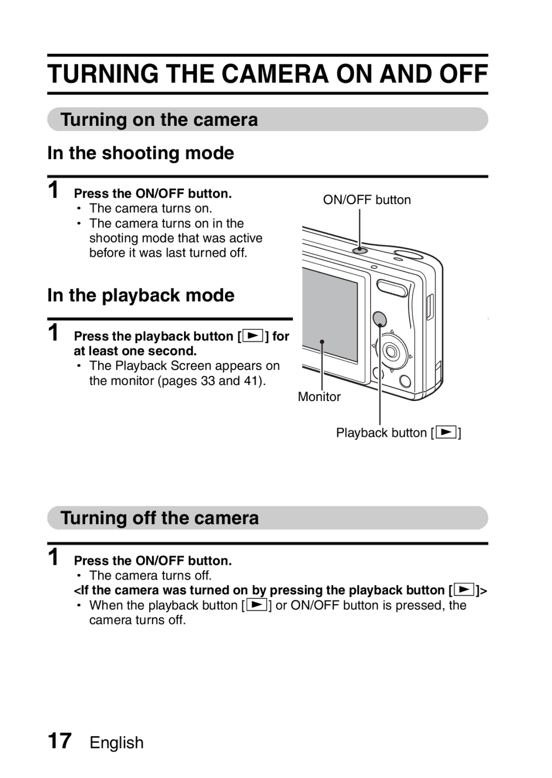 Sanyo VPC-S60 Turning the Camera on and OFF, Turning on the camera Shooting mode, Playback mode, Turning off the camera 