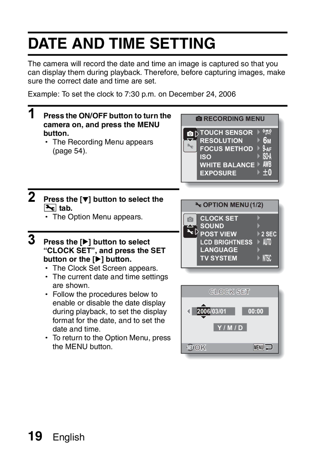 Sanyo VPC-S60 instruction manual Date and Time Setting, Press the o button to select Tab 